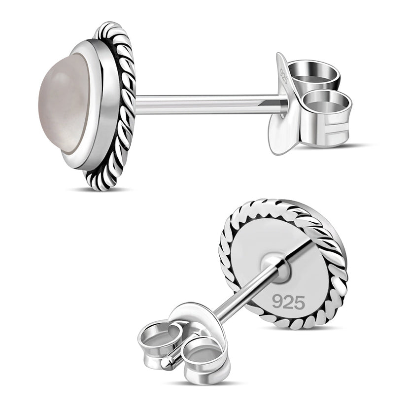 Pendientes de plata con piedra redonda de cuarzo rosa
