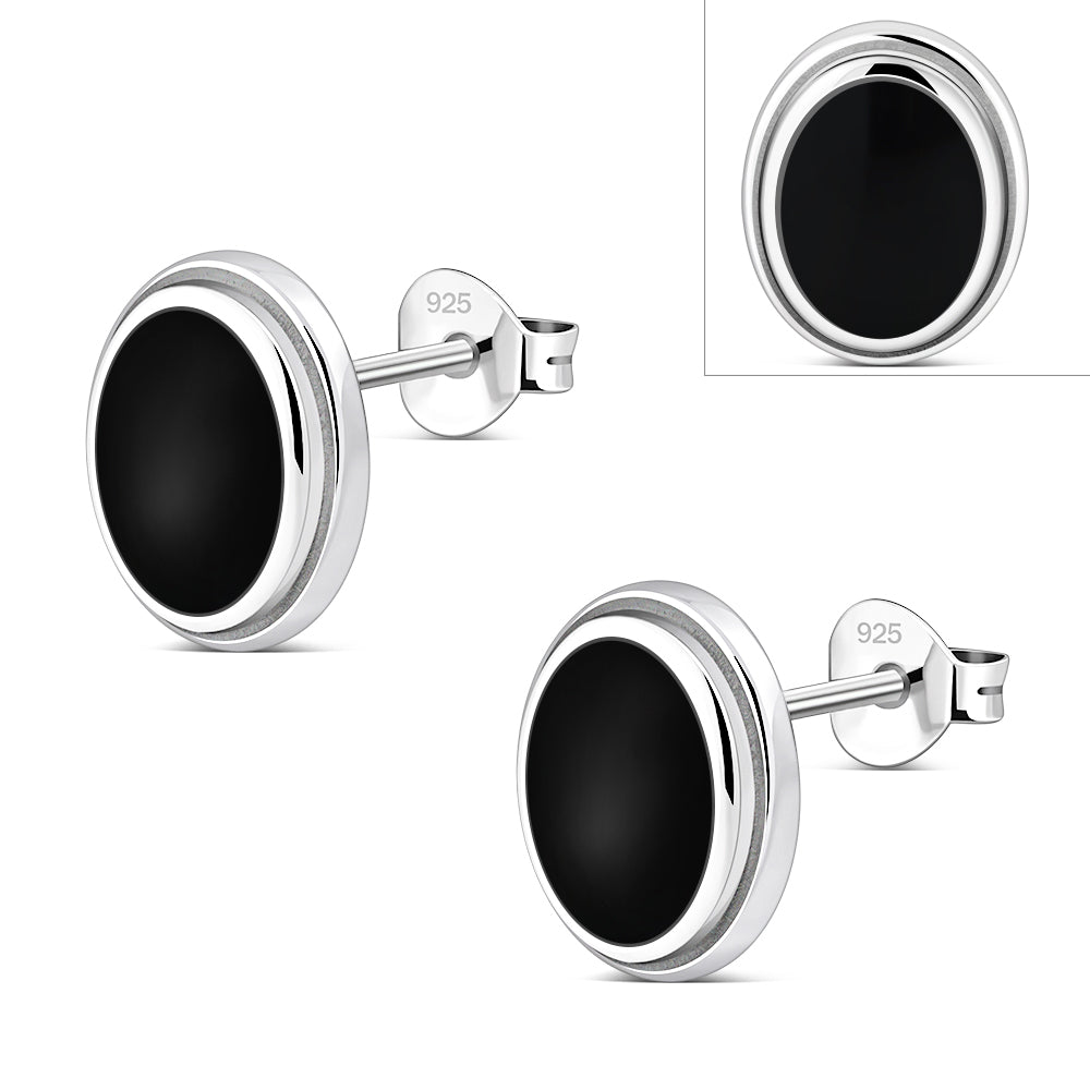 Black Onyx Oval Stud Silver Earrings