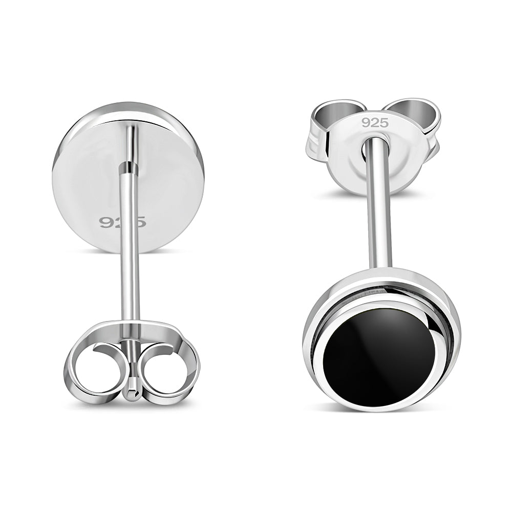 Black Onyx Oval Stud Silver Earrings