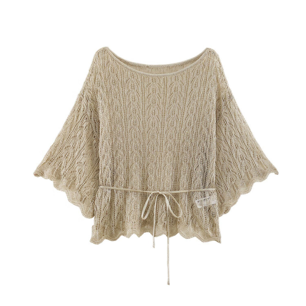 Metallic thread with belt knitted sweater top for women