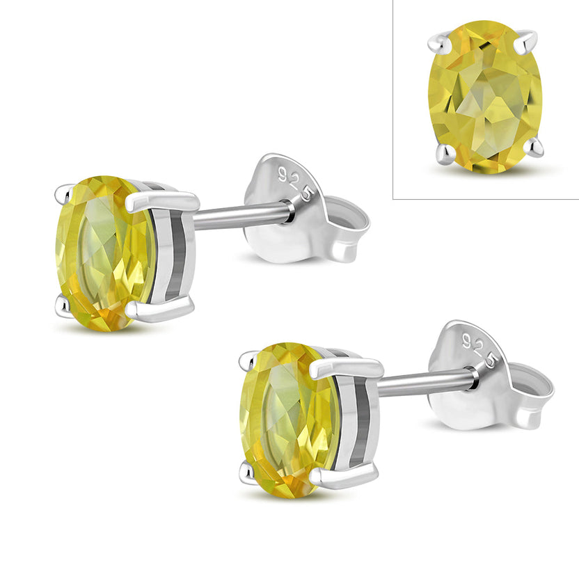 Aretes de botón de plata de ley con citrino ovalado de 5x7 mm engastado en garra