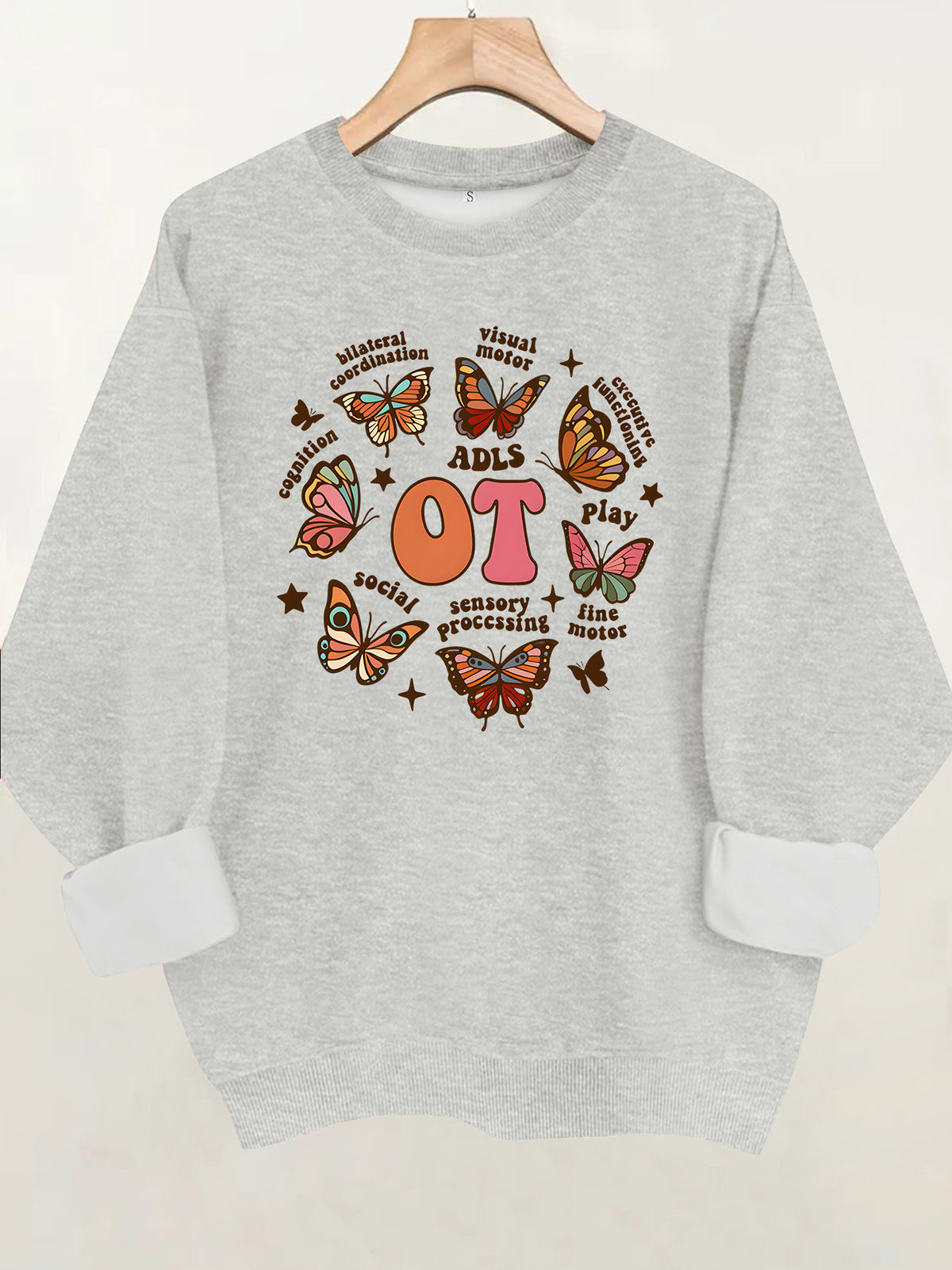 Sudadera de felpa con cuello redondo y estampado de mariposa