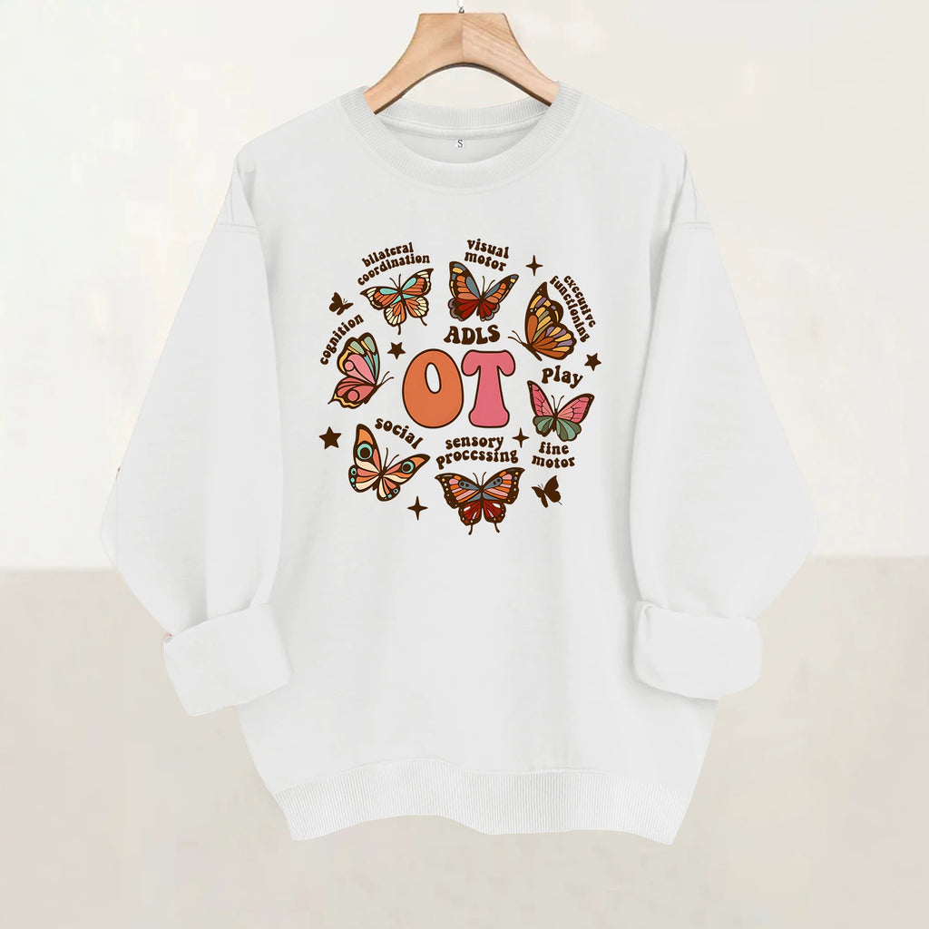 Sudadera de felpa con cuello redondo y estampado de mariposa