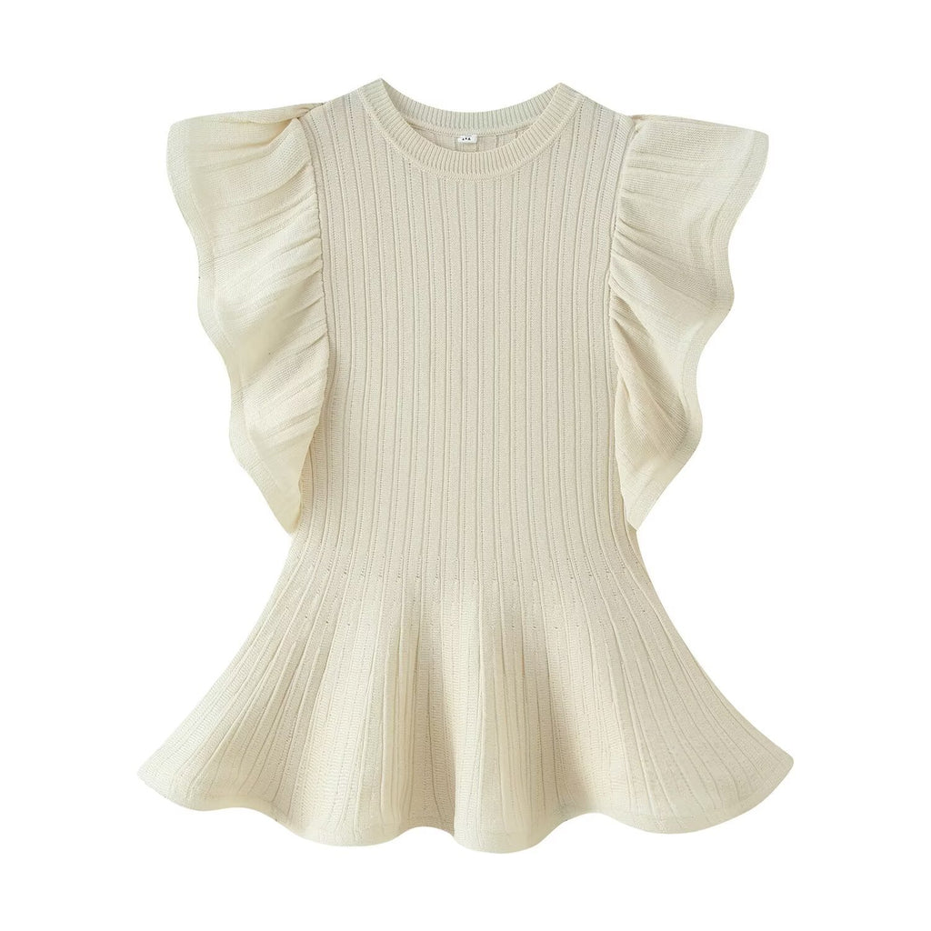 Casual wave edge decoration round neck knitted sweater top for women