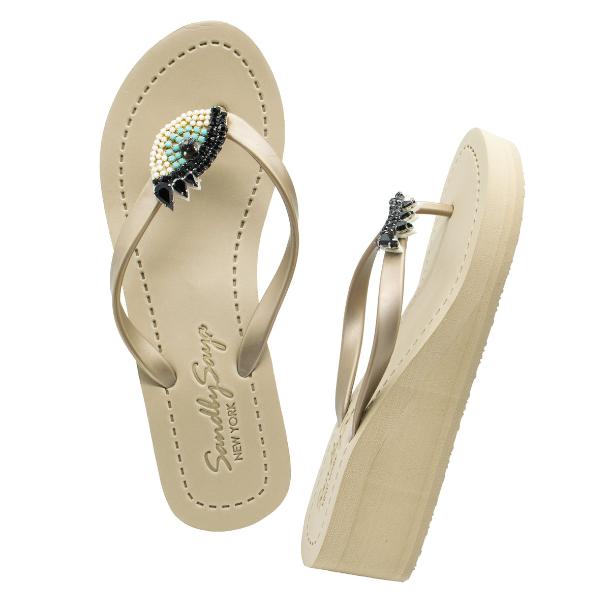 Ojos - Chanclas de cuña media adornadas con pedrería