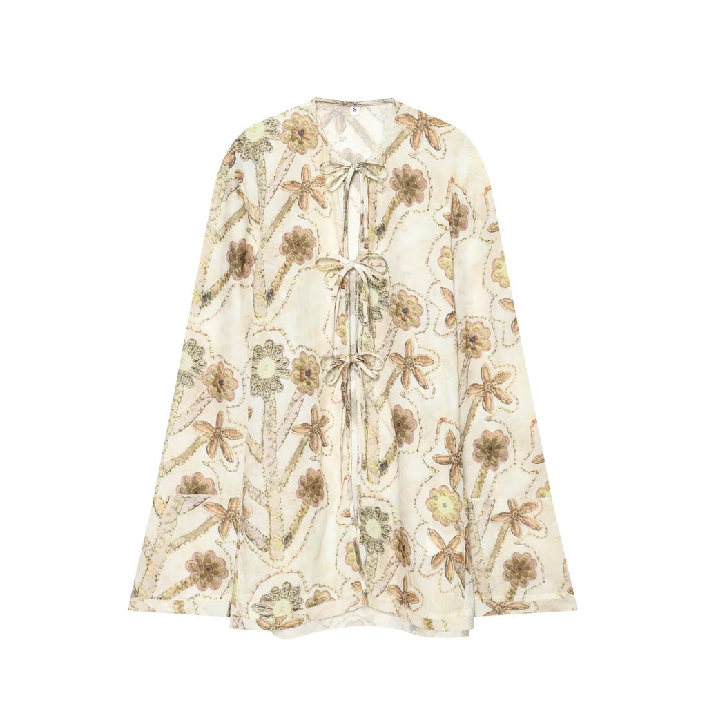 Blusa estampada de manga larga con cordones frontales para mujer