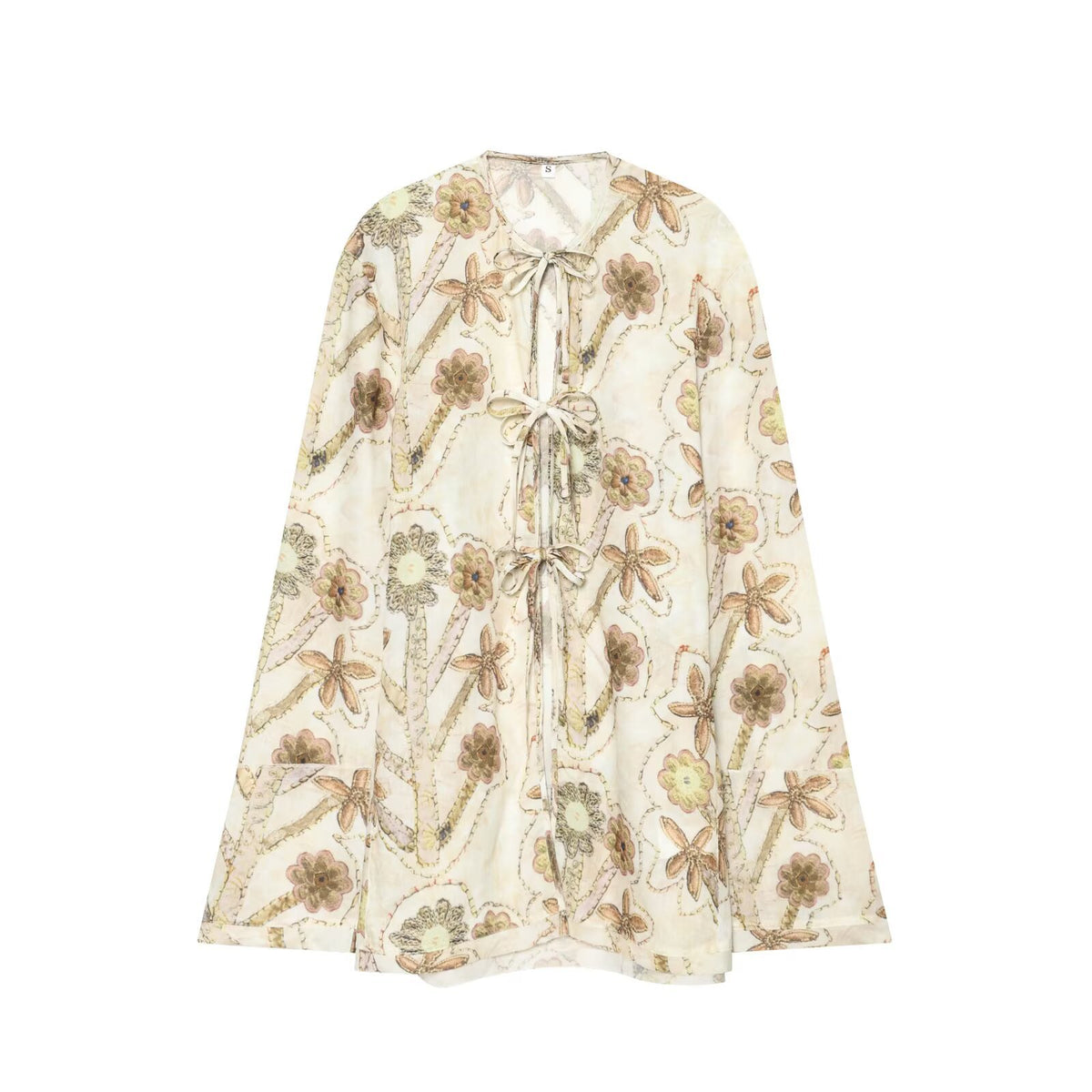 Blusa estampada de manga larga con cordones frontales para mujer