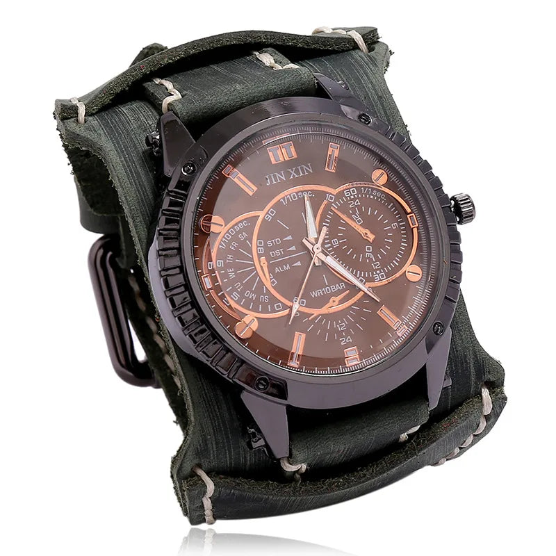 Nuevo reloj de moda para hombre, reloj de cuarzo de lujo con esfera grande para parejas, reloj deportivo con pulsera punk de cuero auténtico, regalo para hombre