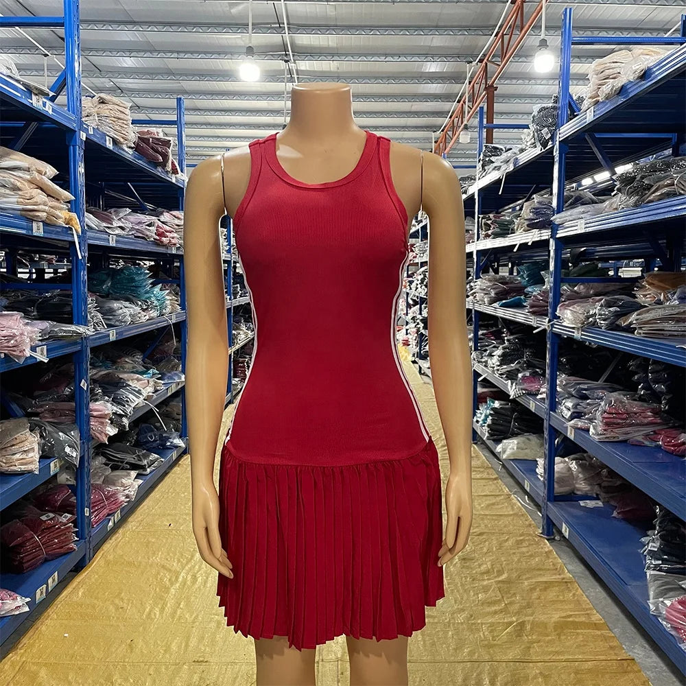 Sleeveless Mini Dress with Ribbed Texture and Pleated Skirt for Women