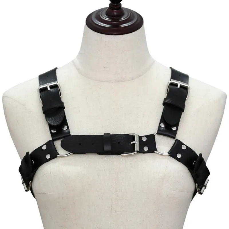 Arnés de pecho punk sexy para mujer y hombre, cadena corporal de metal enjaulado ajustable, gargantilla de cuero sintético, collar llamativo para fiesta y clubwear