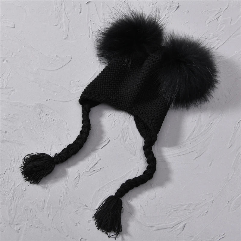 Gorro de punto con dos pompones de piel auténtica para bebés y niños, gorro de invierno con orejeras para niña y niño
