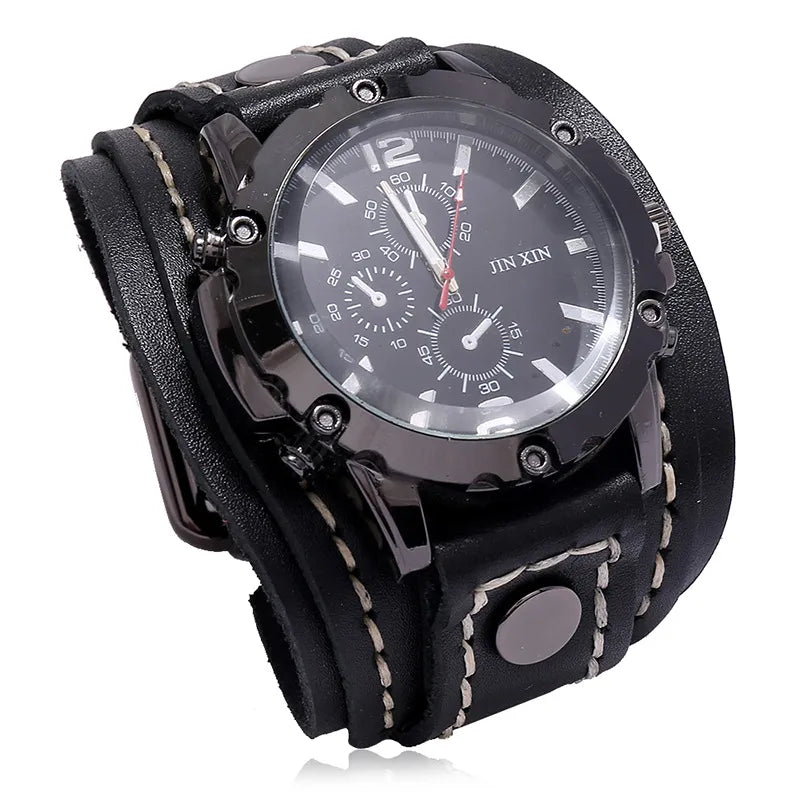 Reloj de pulsera de cuarzo para hombre 2025, reloj de moda con correa de piel de vacuno, estilo punk vintage, reloj grande y redondo con brazalete de piel auténtica ancha