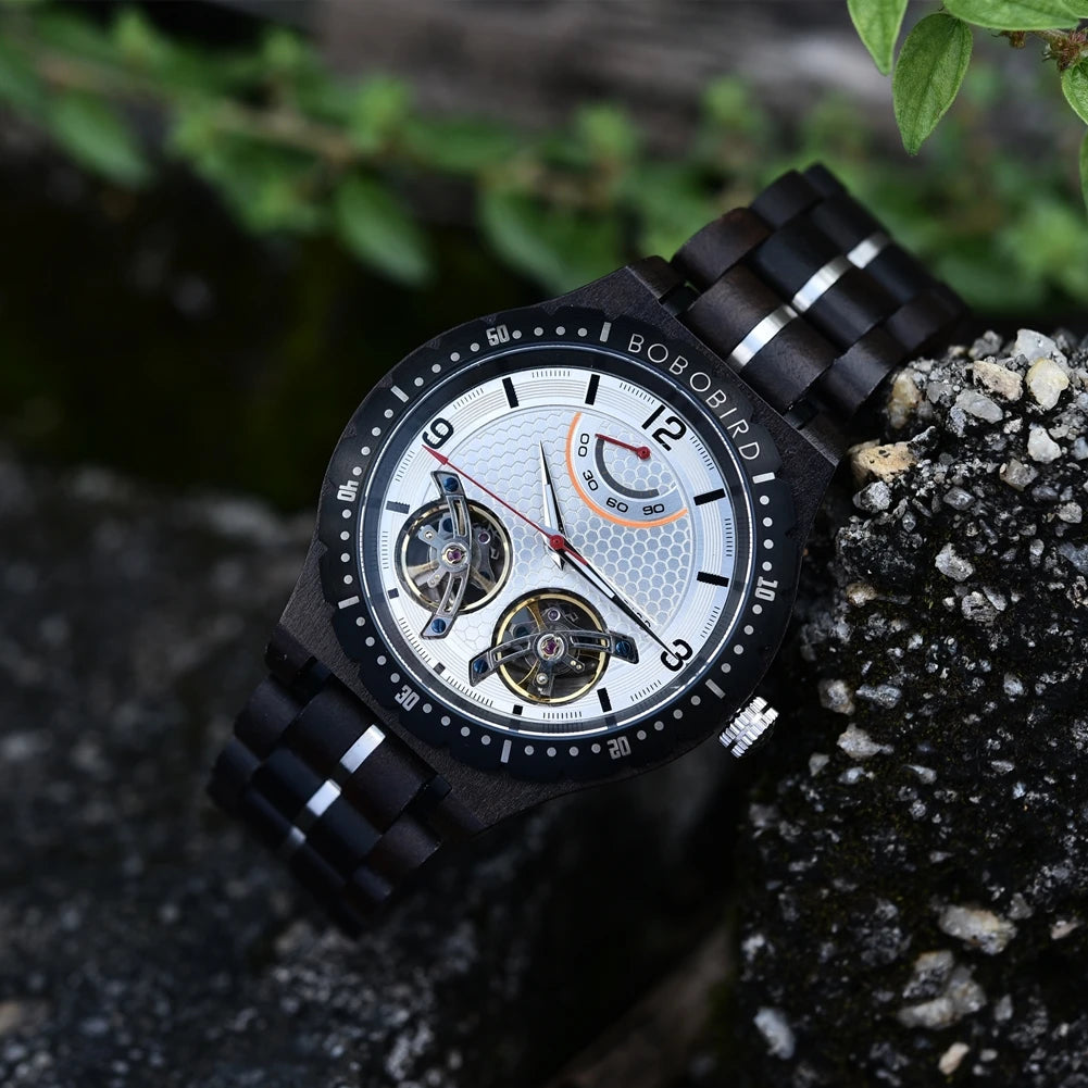 BOBO BIRD Men Mechanical Wooden Watches Double Tourbillon Movement Business Luxury Automatic Wristwatches for Men Custom