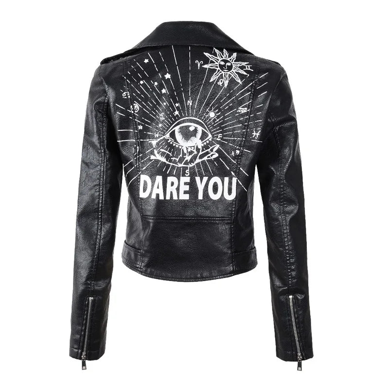 2024 New Autumn Women Winter Faux Soft Leather Jackets Coats Lady Black PU Rivet Zipper Epaulet 3D Print Motorcycle Streetwear