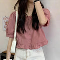 Korean Summer Ruffle Elegant Chiffon Cool Blouse Women Youthful Cute Cropped Tops Chic Short Sleeve Feminine Shirt