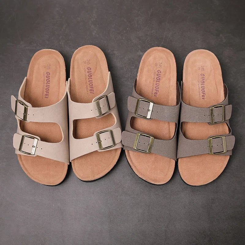 2022 New Men's PU Leather Mule Clogs Slippers High Quality Soft Cork Two Buckle Slides Footwear for Men Women Unisex 35-46