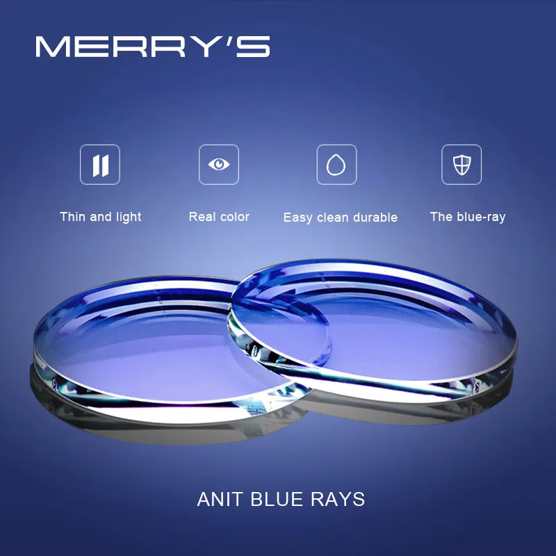 Lentes oftálmicos graduados MERRYS con bloqueo de luz azul, CR-39, resina asférica, índices 1.56, 1.61, 1.67 para miopía, hipermetropía y presbicia.