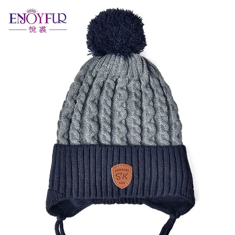 ENJOYFUR Warm Winter Baby Knitted Hats Real Fur Pompom Fleece Lined Boy Caps Cute Thick Kids Elastic Earflap Outdoor Ski Beanies