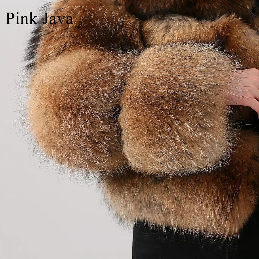 PINK JAVA QC1884 New Arrival Real Raccoon Fur Coat Women  Fur Jacket Winter Luxury Fluffy Raccoon Coats Hot Sale