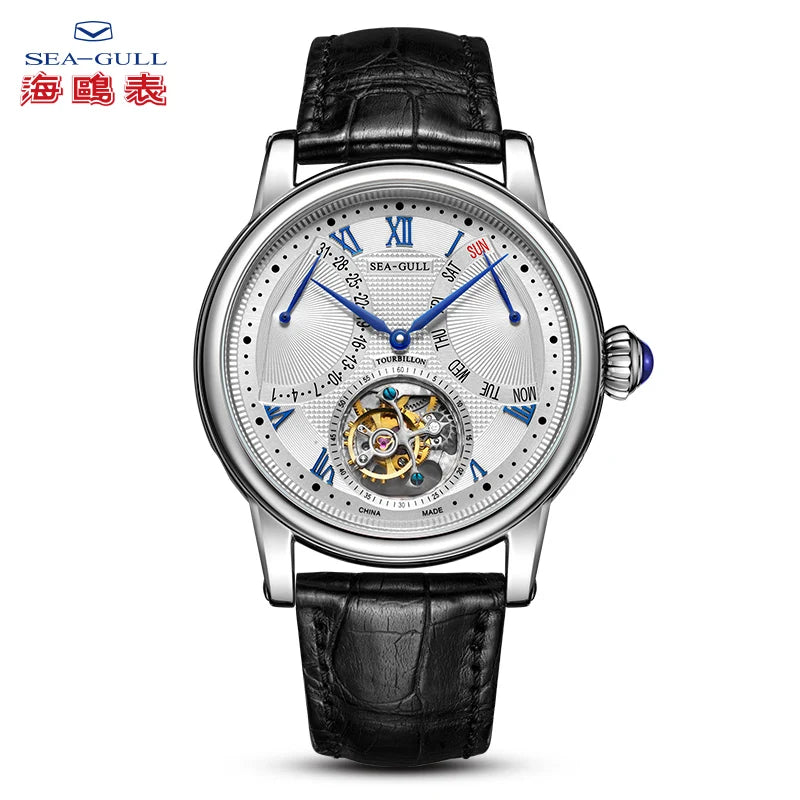 Męski zegarek automatyczny Seagull z mechanizmem tourbillon, wielofunkcyjny, szafirowe szkło, kalendarz, luksusowy zegarek na rękę ST8004ZS