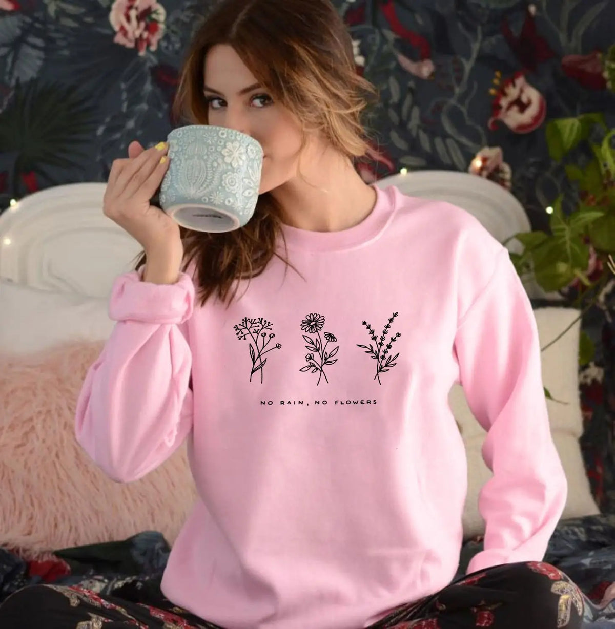 No Rain No Flowers Sweatshirts Vintage 80s Style Floral Print Hoodies Autumn Women Inspired Graphic Jumper Pullover Streetwear