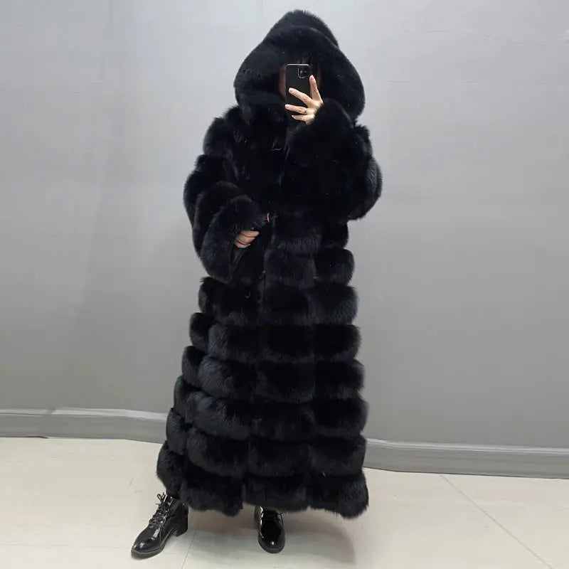 Winter Women Real Fox Fur Coat Thick Warm Full Sleeves Hooded High Quality Natural Fur Fashion Overcoat Customizable Size