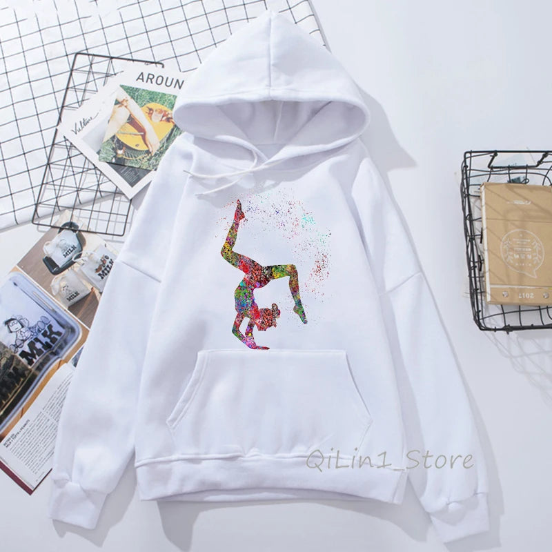 Bluza z kapturem w stylu Harajuku Kawaii z akwarelowym nadrukiem gimnastyczki, styl lat 90. Tumblr, odzież sportowa damska