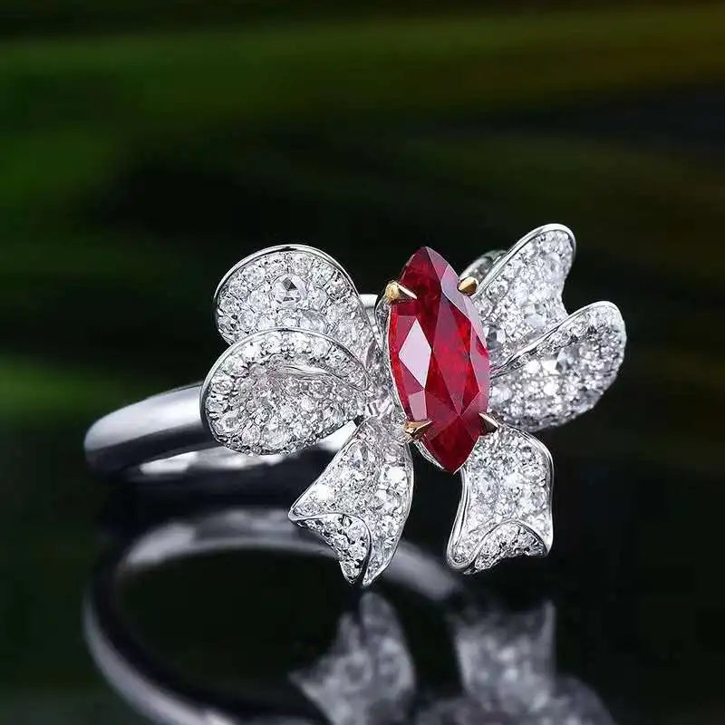 SGARIT Gemstone Jewelry Ruby Butterfly Ring AIGS Certificate 18K White Gold 1.55CT Marquise Shape Natural Red Ruby Design Ring