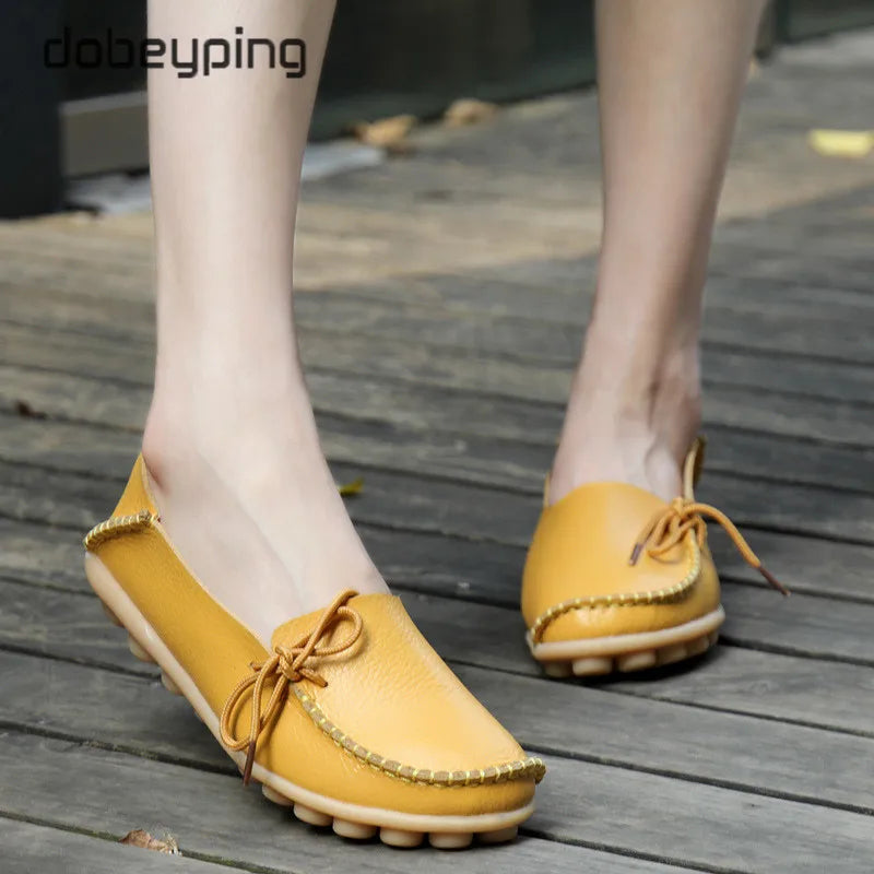 New Moccasins Women Flats 2026 Autumn Woman Loafers Genuine Leather Female Shoes Slip on Ballet Bowtie Women's Shoe Size 35-44