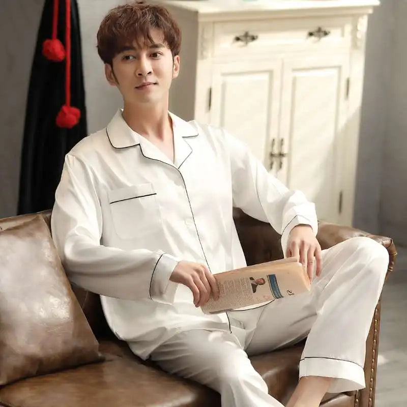Solid Color Sleepwear Silk Satin Pajamas Couple Set Long Button-Dow