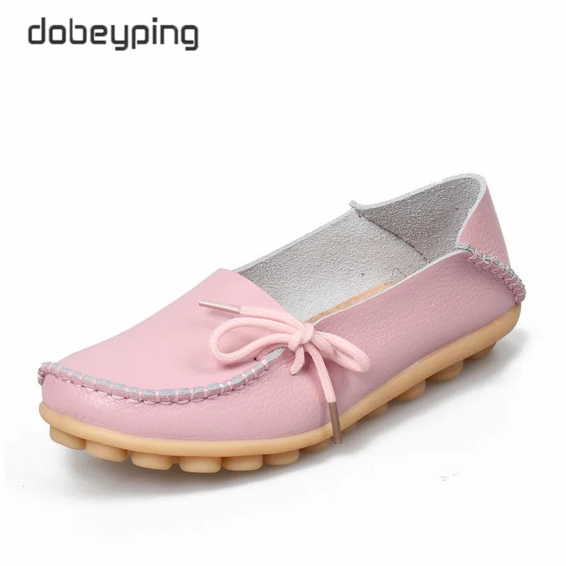 New Moccasins Women Flats 2026 Autumn Woman Loafers Genuine Leather Female Shoes Slip on Ballet Bowtie Women's Shoe Size 35-44