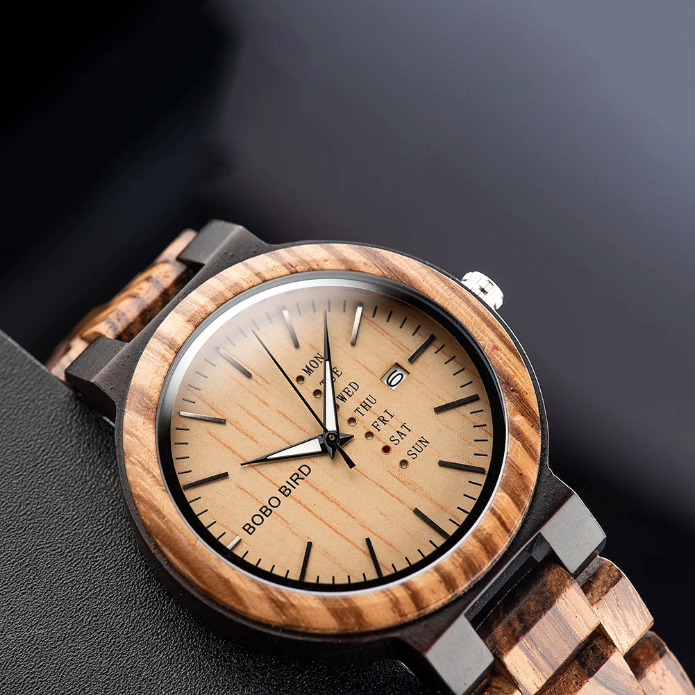 BOBO BIRD Wooden Men Watch Fashion Business Week and Date Display Quartz Timepiece Customize Logo Great Gift Relogio Masculino