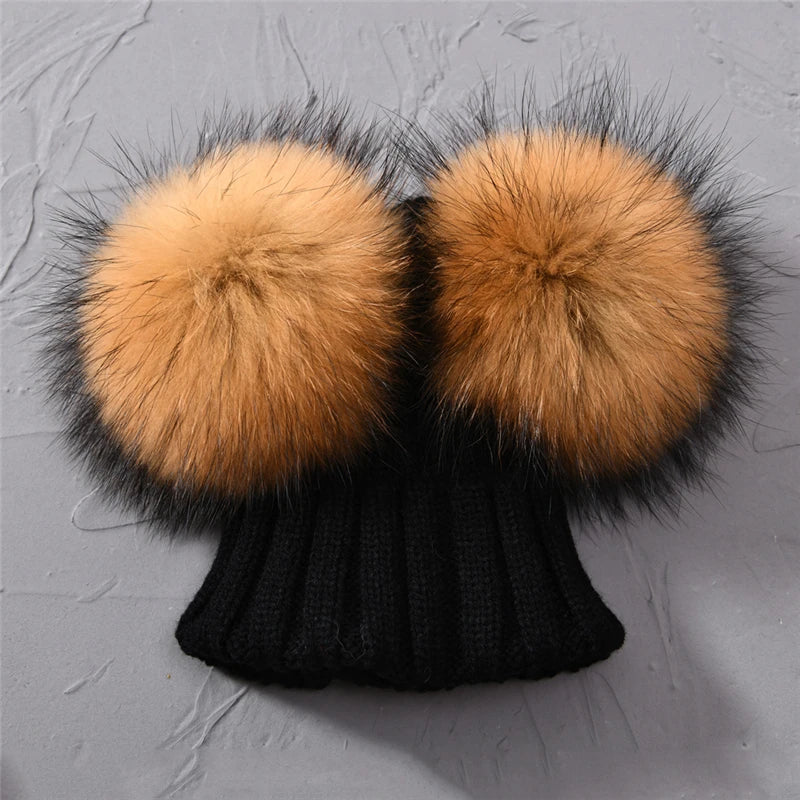Gorro de punto para bebé de invierno con dos pompones de piel, gorro con bolas de piel natural para niños y niñas, gorro infantil con doble pompón de piel real