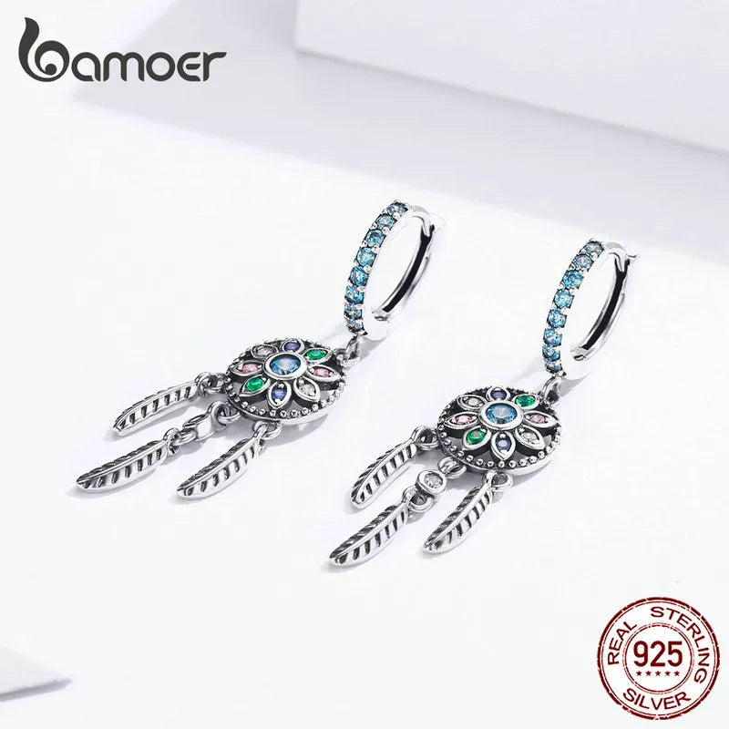 Pendientes colgantes BAMOER de plata de ley 925 con diseño de atrapasueños bohemio para mujer, estilo boho, joyería de moda, 2 colores