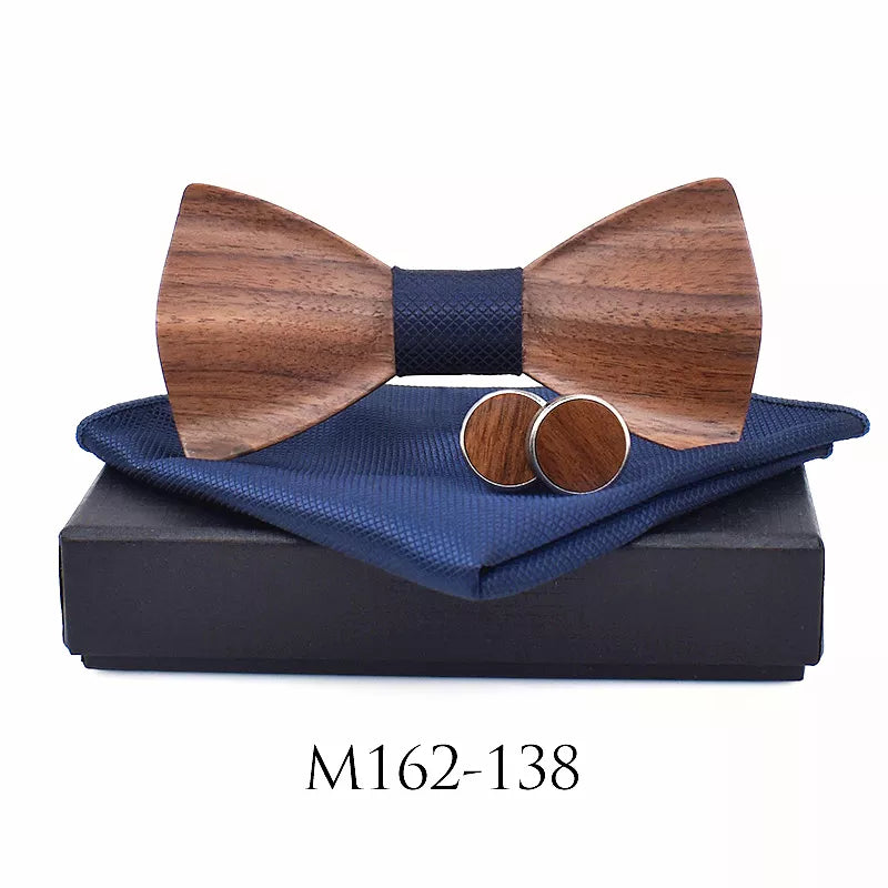 3D Wooden Bow Tie Set for Men Handmade Geometric Wedding Bowtie Pocket Square Cufflinks