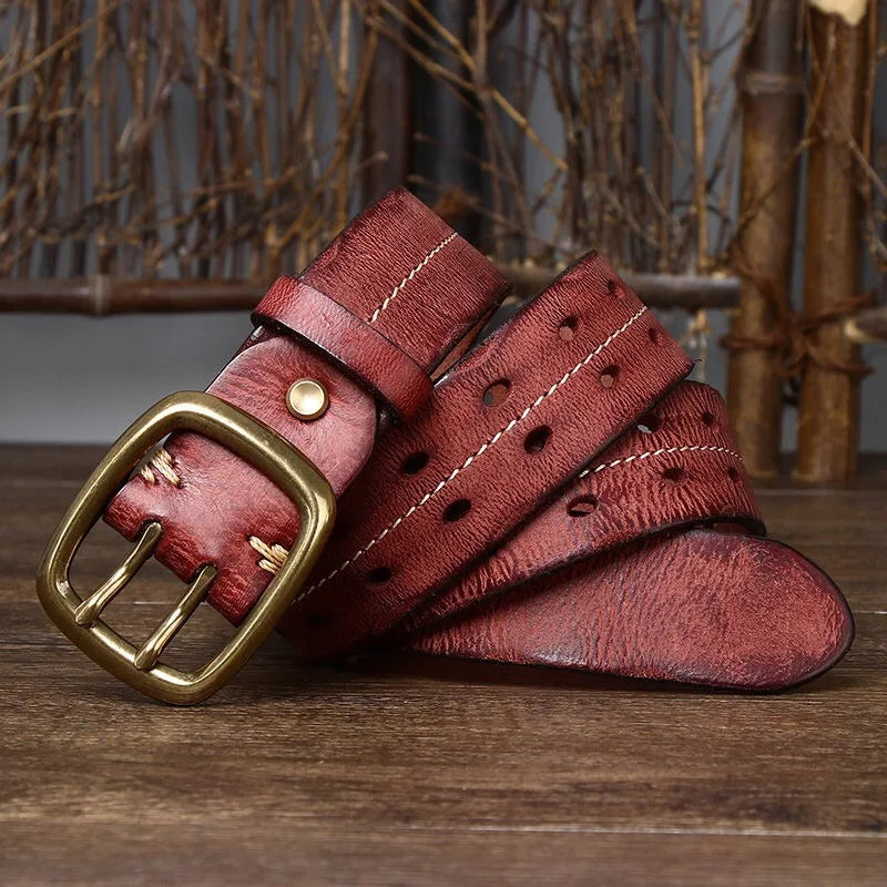 Cinturón vintage para hombre de 3.8 cm de ancho, estilo doble hebilla, 100% piel de vaca, hebilla de doble punta, cinturón resistente hecho a mano, cinturón de moda para jeans, color marrón