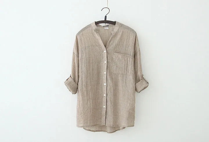 Thin Cotton Linen Sunscreen Shirt Women Elegant Vintage Long Sleeve Blouse Women Streetwear Casual Blusas Beach Tops