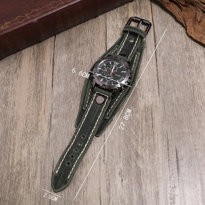 Reloj de pulsera de cuarzo para hombre 2025, reloj de moda con correa de piel de vacuno, estilo punk vintage, reloj grande y redondo con brazalete de piel auténtica ancha