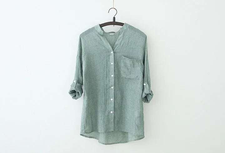 Thin Cotton Linen Sunscreen Shirt Women Elegant Vintage Long Sleeve Blouse Women Streetwear Casual Blusas Beach Tops