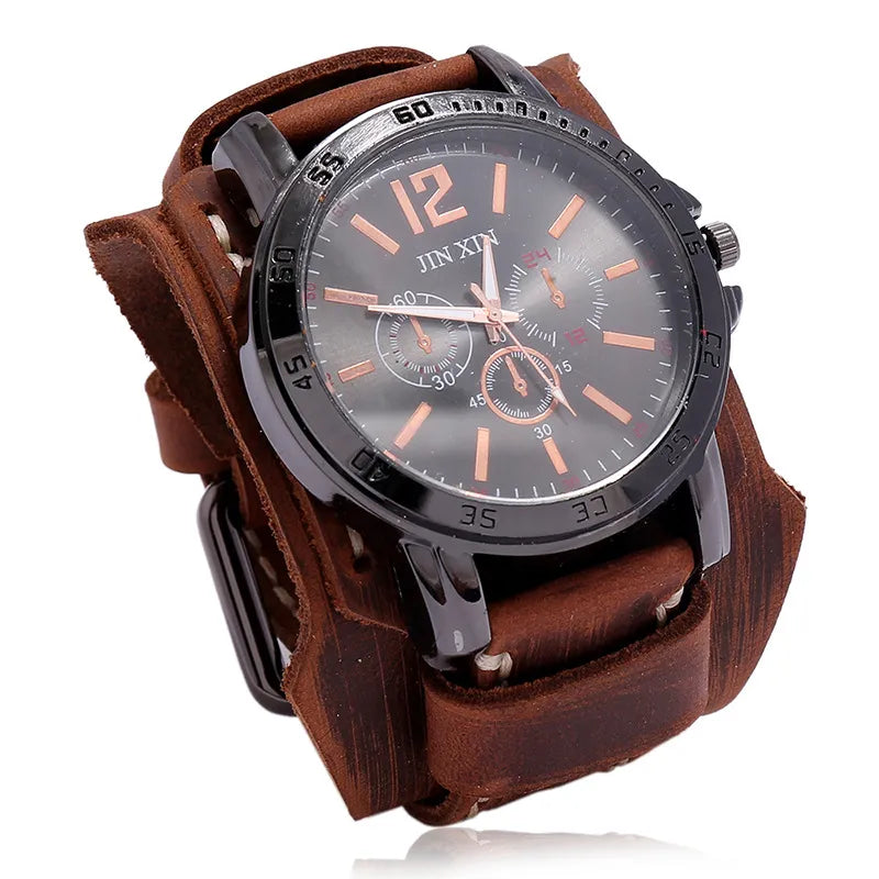 Reloj de pulsera de cuarzo para hombre 2025, reloj de moda con correa de piel de vacuno, estilo punk vintage, reloj grande y redondo con brazalete de piel auténtica ancha