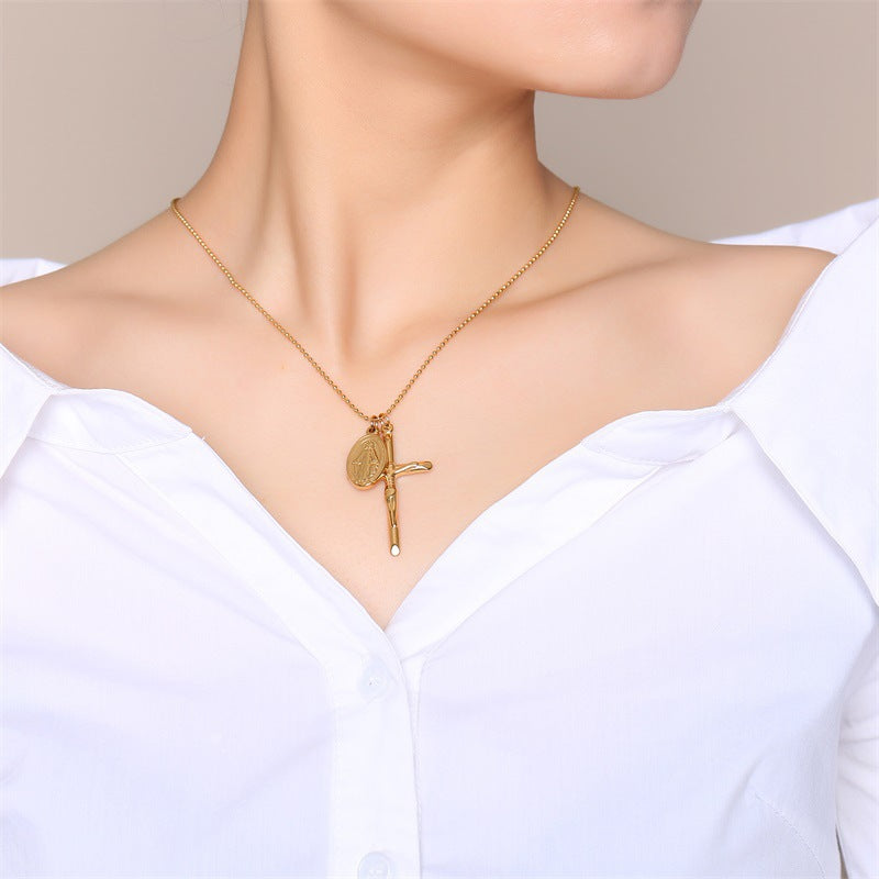 Collar con dije de moneda de la Virgen María y cruz de Jesús, joyería religiosa de acero inoxidable