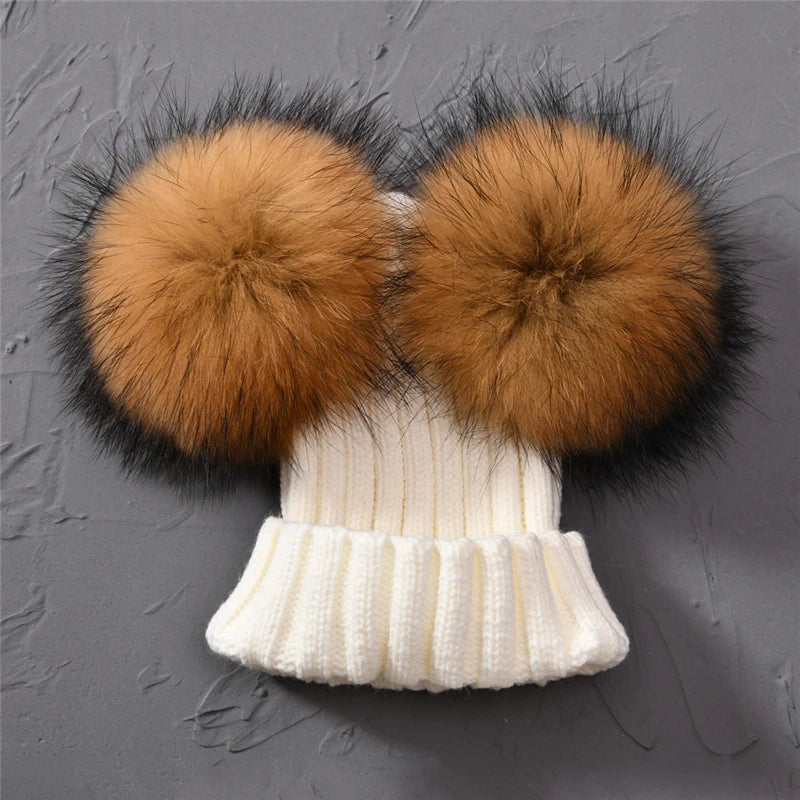 Gorro de punto para bebé de invierno con dos pompones de piel, gorro con bolas de piel natural para niños y niñas, gorro infantil con doble pompón de piel real