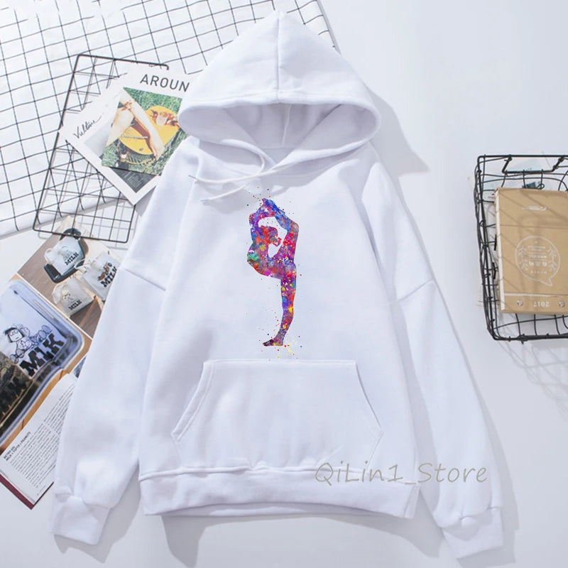 Bluza z kapturem w stylu Harajuku Kawaii z akwarelowym nadrukiem gimnastyczki, styl lat 90. Tumblr, odzież sportowa damska
