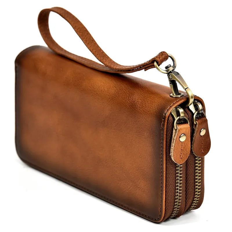 Luksusowy portfel damski i męski z podwójnym zamkiem, długi, skórzany w stylu vintage, kopertówka, etui na telefon, karty i monety, 100% prawdziwa skóra, portfel męski