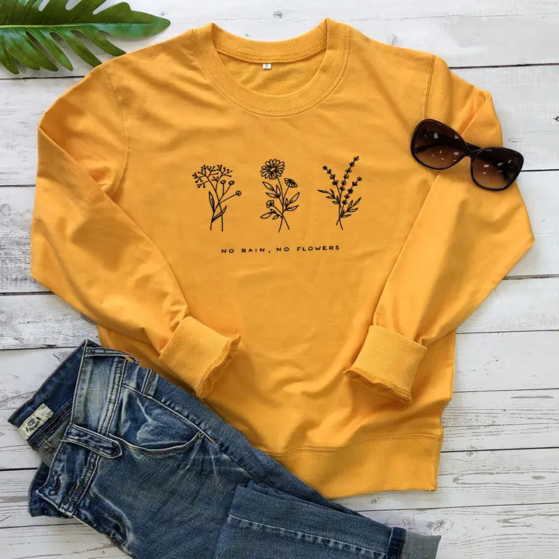 No Rain No Flowers Sweatshirts Vintage 80s Style Floral Print Hoodies Autumn Women Inspired Graphic Jumper Pullover Streetwear