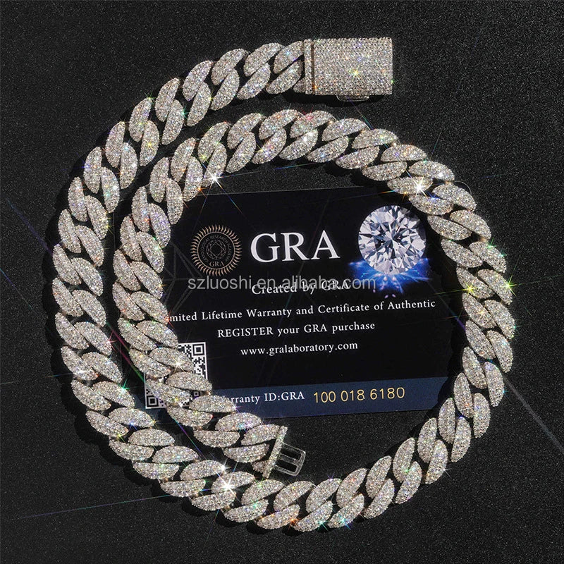 Collar de diamante de moissanita más vendido, joyería hip hop de 12 mm, pulsera de plata esterlina 925, cadena de eslabones cubanos "iced out" para hombres y mujeres