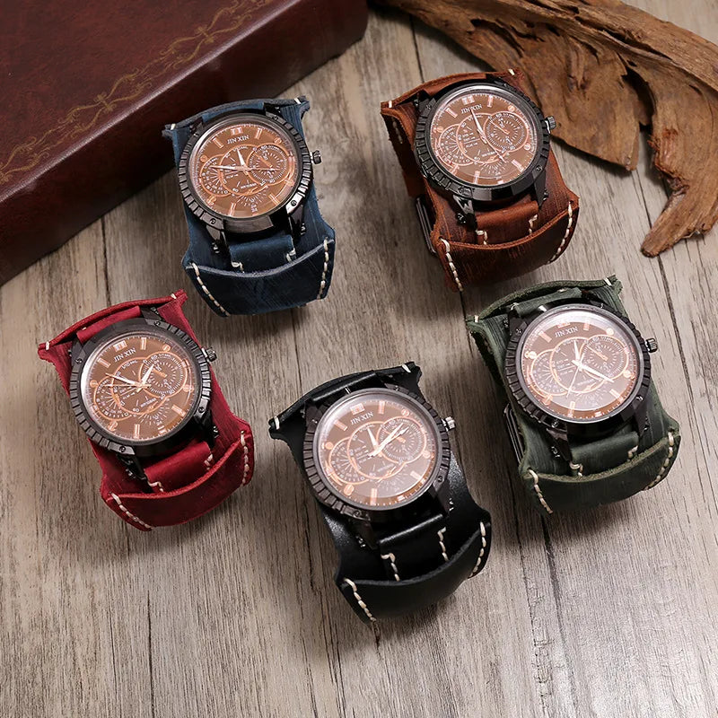 Nuevo reloj de moda para hombre, reloj de cuarzo de lujo con esfera grande para parejas, reloj deportivo con pulsera punk de cuero auténtico, regalo para hombre