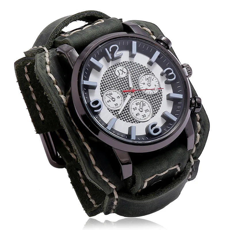 Reloj de pulsera retro para hombre, correa ancha de cuero genuino, reloj de cuarzo de estilo punk a la moda, brazaletes de piel de vaca 2025