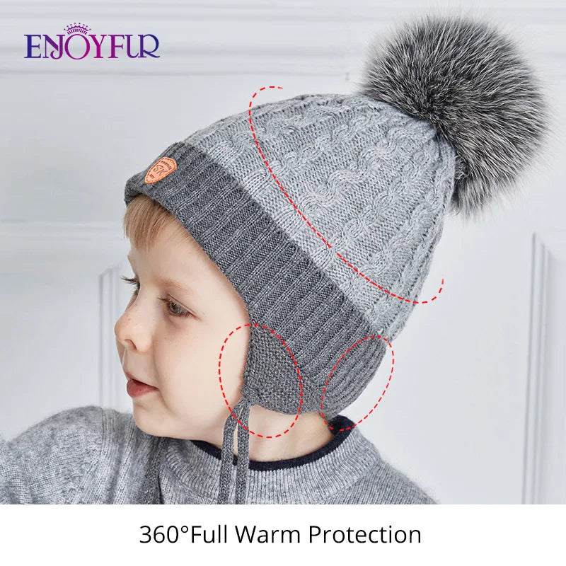 ENJOYFUR Warm Winter Baby Knitted Hats Real Fur Pompom Fleece Lined Boy Caps Cute Thick Kids Elastic Earflap Outdoor Ski Beanies