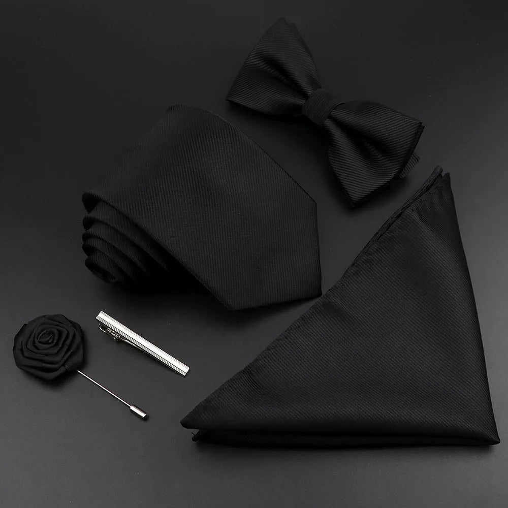 New Solid Color Silk Men Tie Set Polyester Jacquard Woven Necktie Bowtie Suit Vintage Red Blue for Groom Business Wedding Party